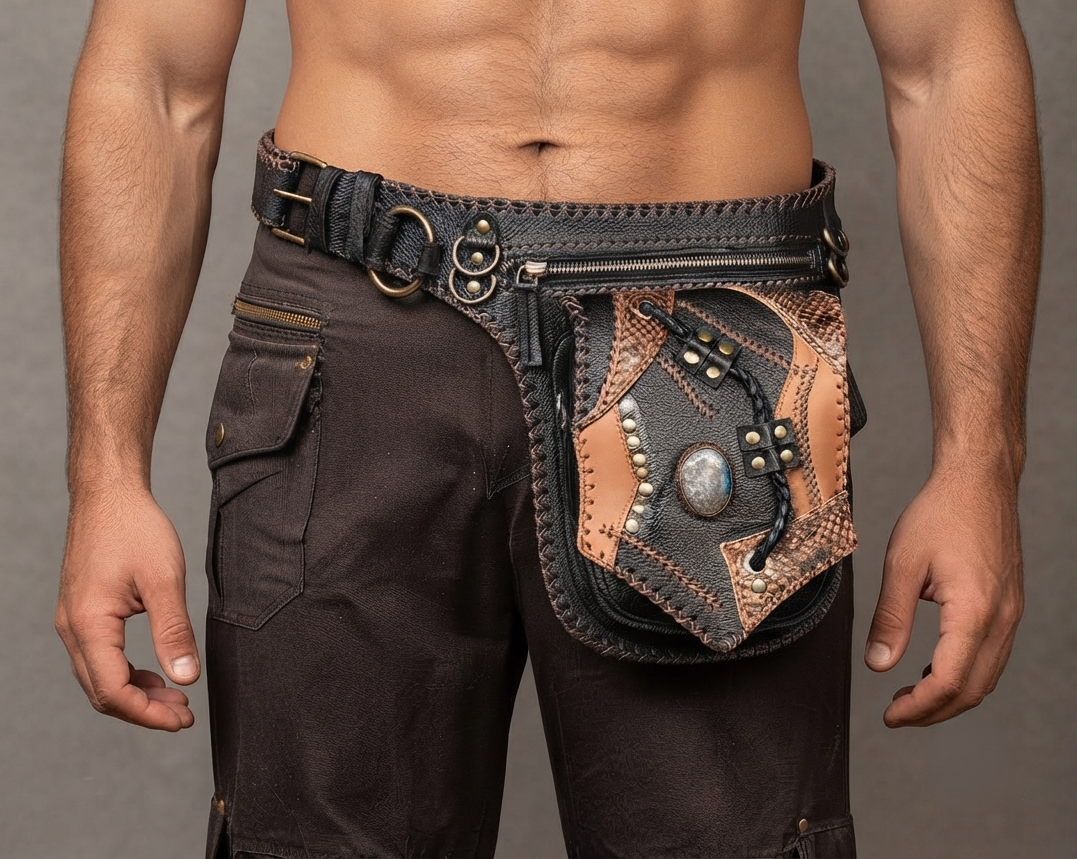 Adjustable long strap leather belt bag with tribal patchwork