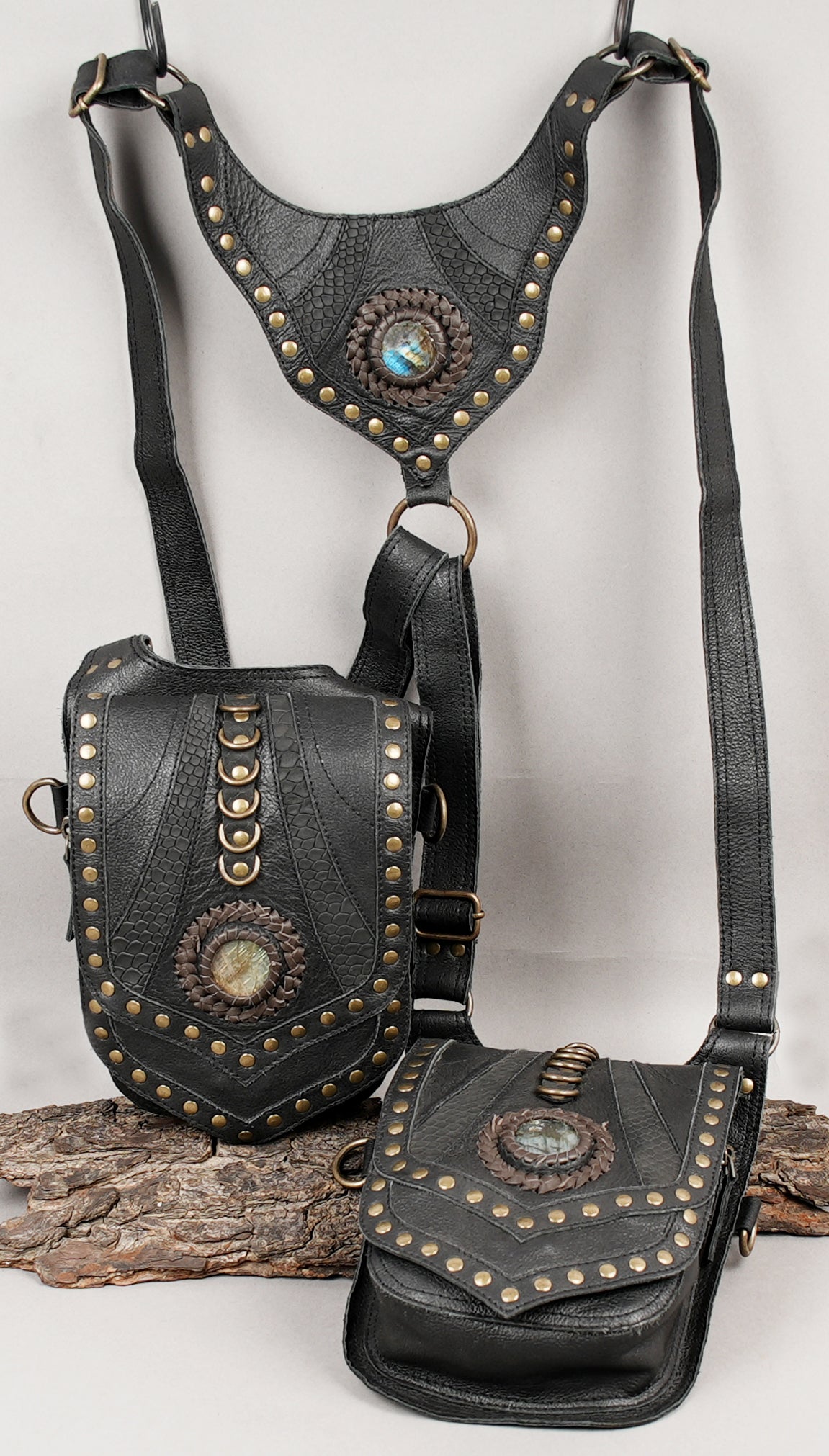Handcrafted black leather harness with two pouches and Natural Labradorite