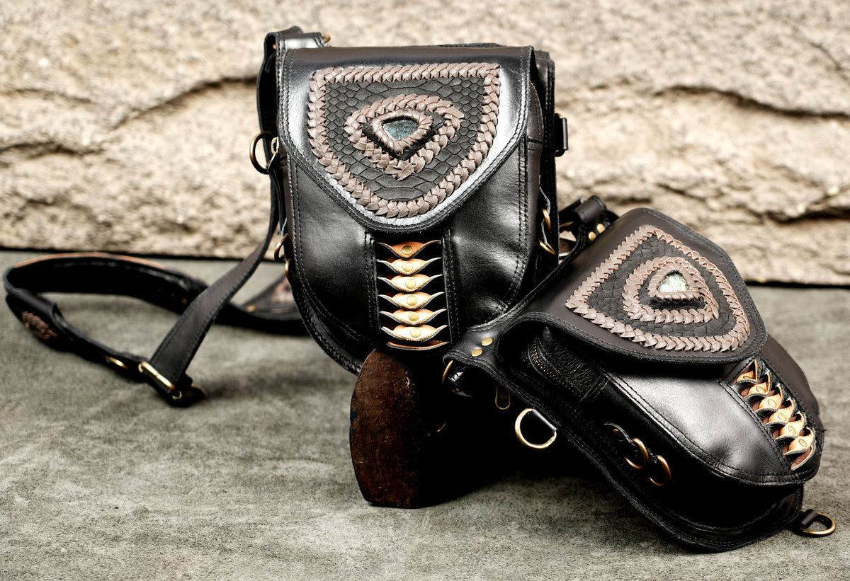 Handmade Leather Festival Harness with Labradorite Stone Decorations and Dual Bags