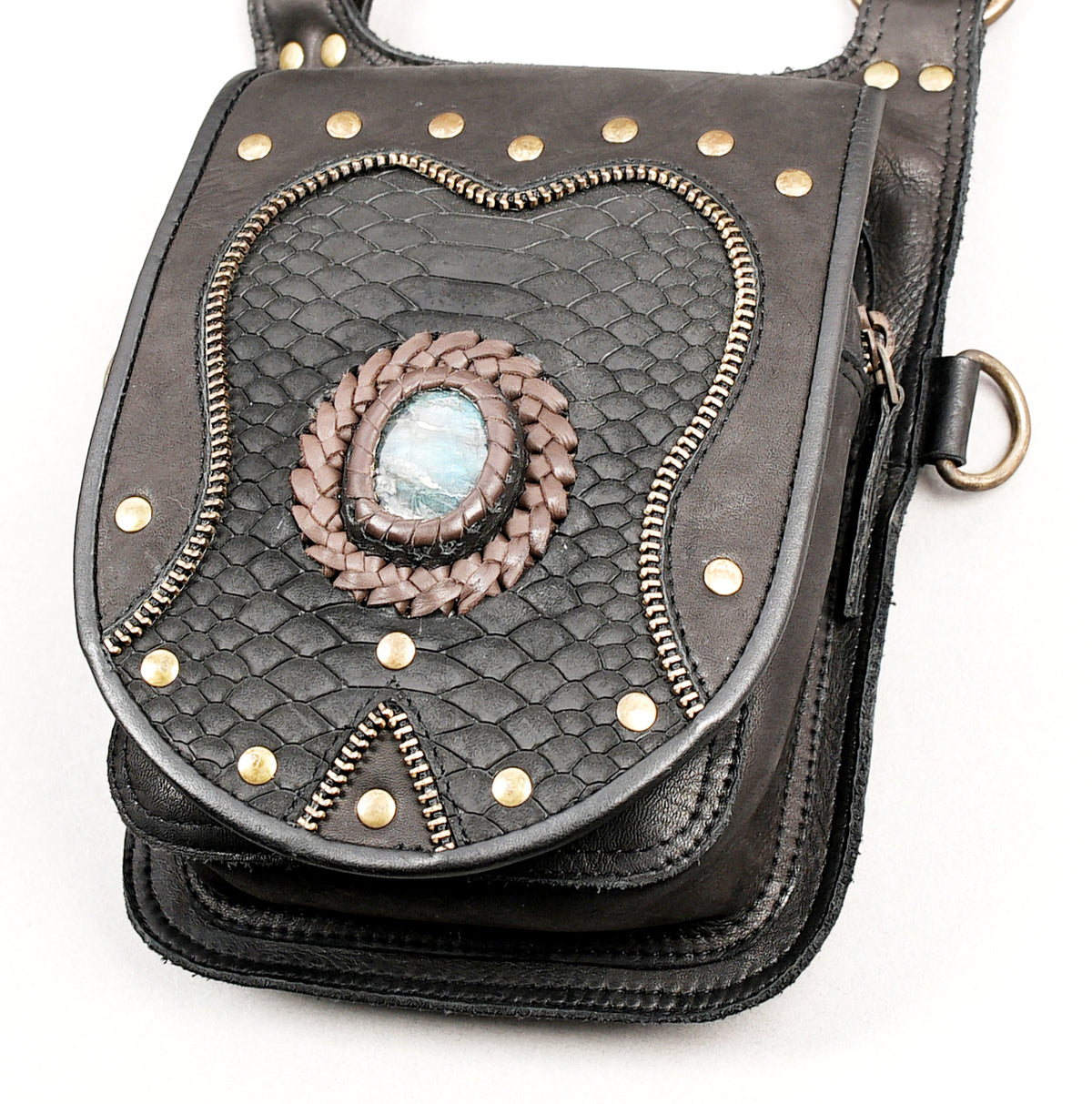Handmade black leather double pouch belt with turquoise gemstone details and metal studs