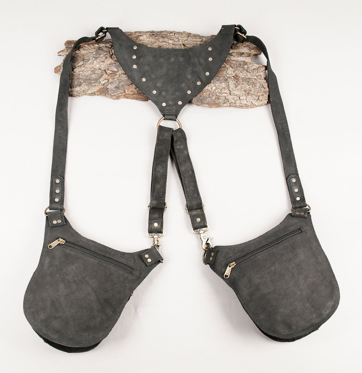 Handcrafted black leather double pocket chest rig   