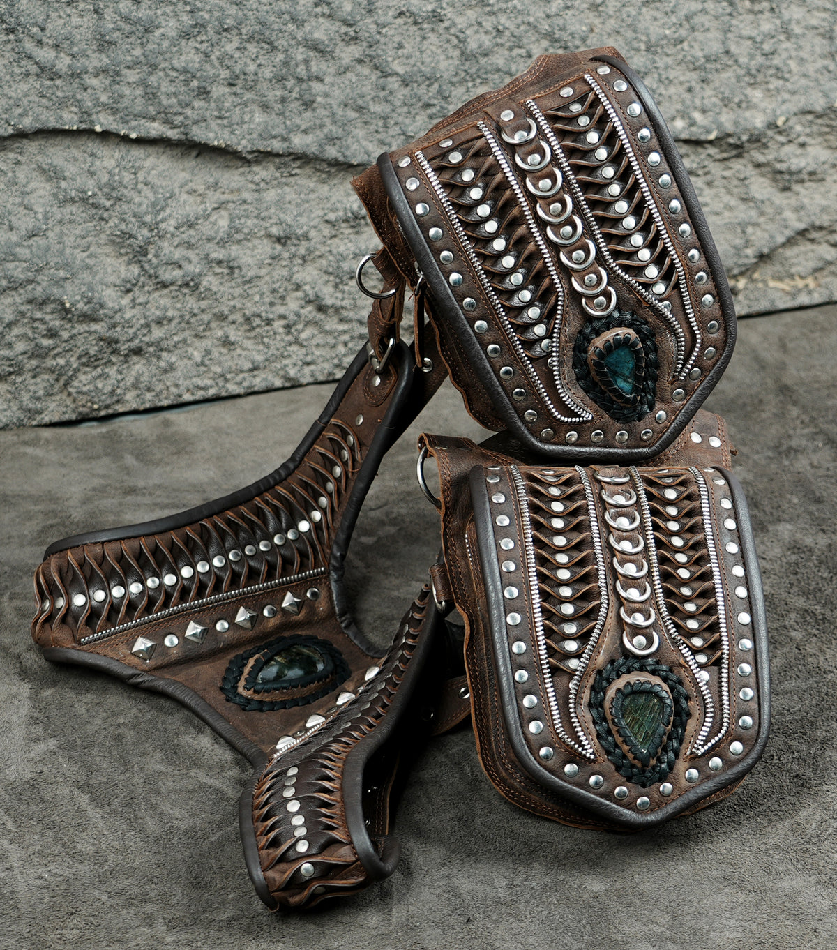 Brown Leather Holster Bag with Gemstones Unisex Steampunk Harness