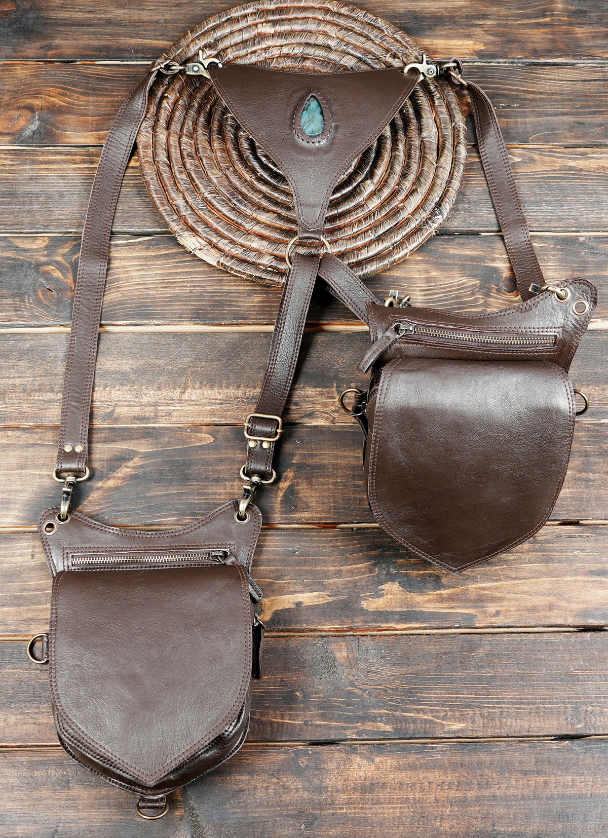 Steampunk double hip pouch with brown leather pockets and brass buckles
