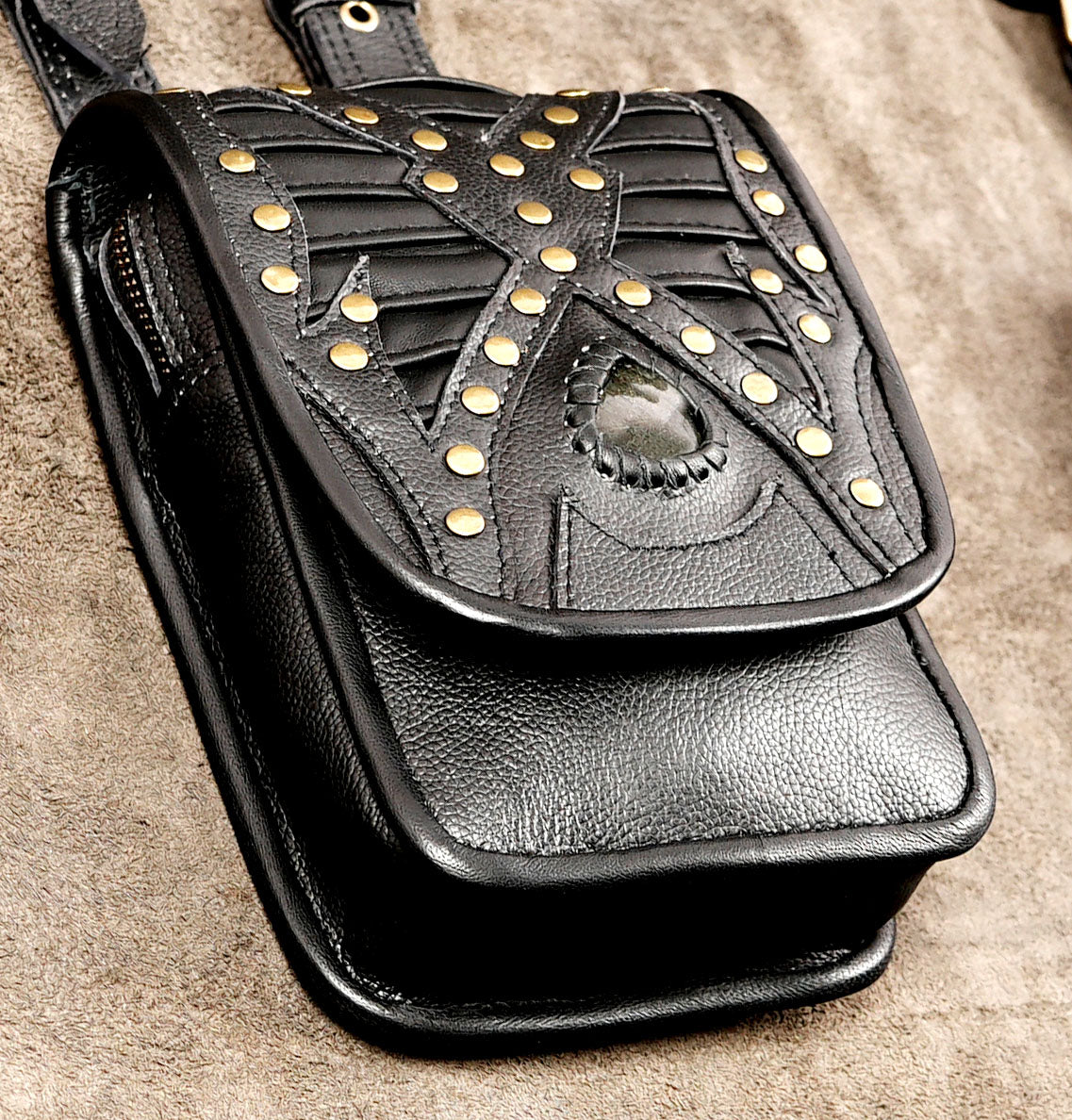 Alternative fashion harness with twin pouches and black adjustable straps
 