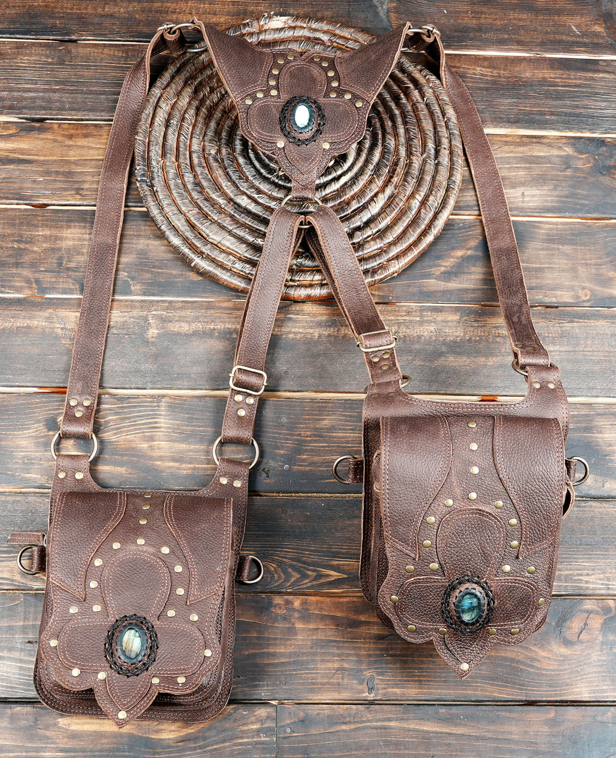 Handmade leather utility harness bag with natural labradorite