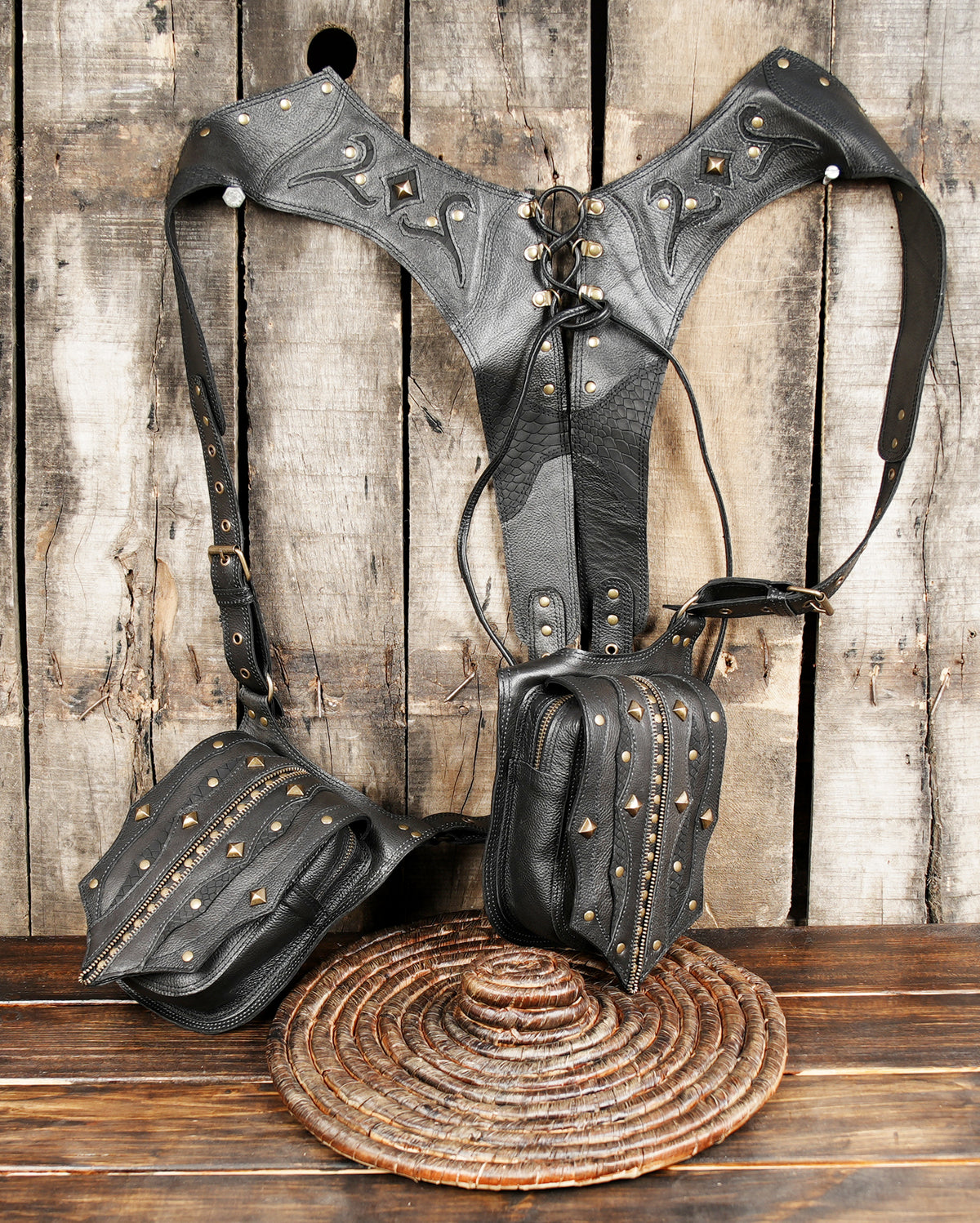 Unisex Black Leather Double Hip Pouch Harness with Studs