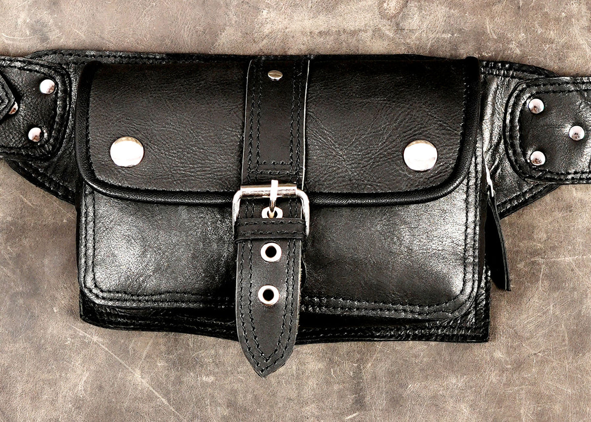 Adventure ready leather belt, dual buckle pouches