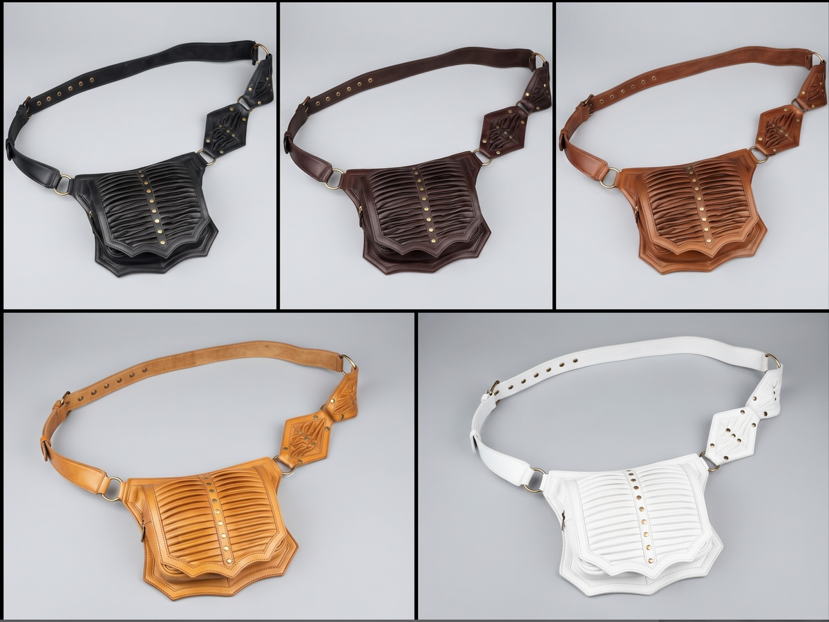 Leather pocket belt for women with scalloped bottom and brass hardware