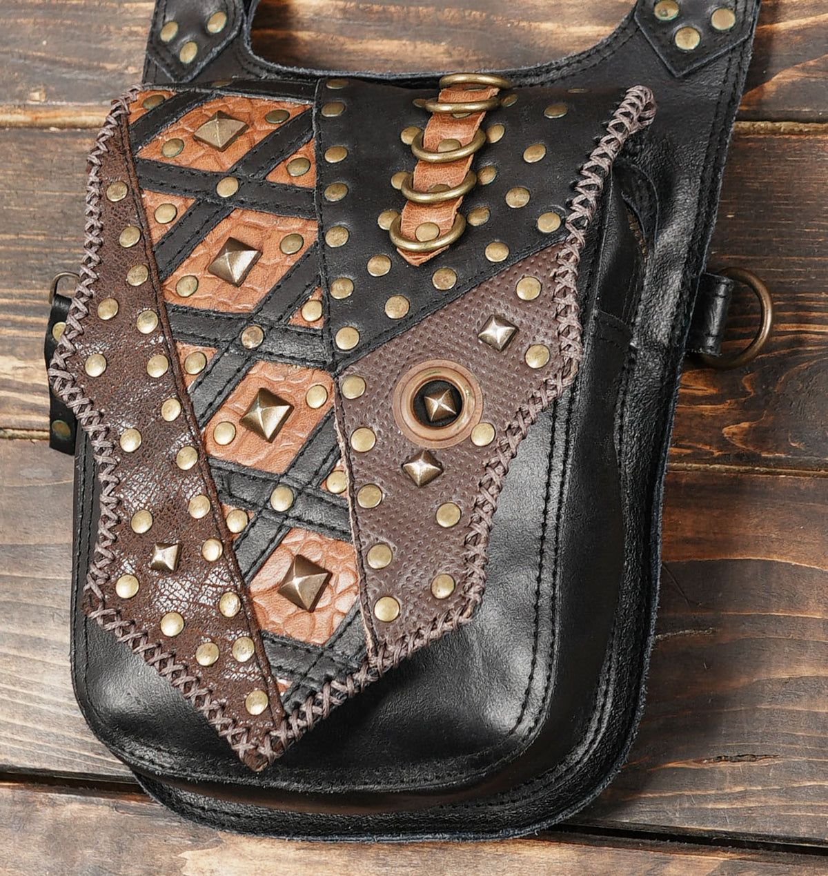 Unisex Black Double Pouch Harness Bag with Antique Brass Studs