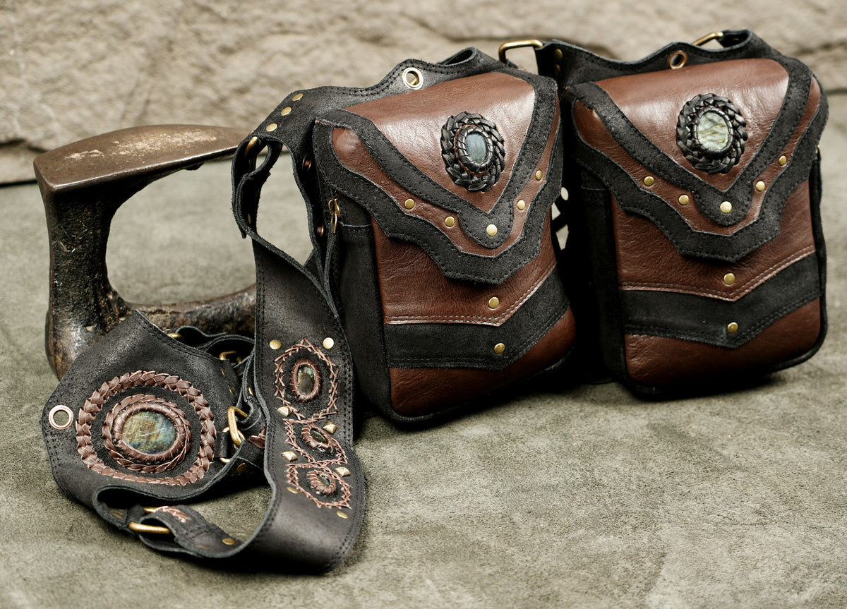 Leather utility shoulder bag with two large pouches Natural Labradorite and adjustable straps