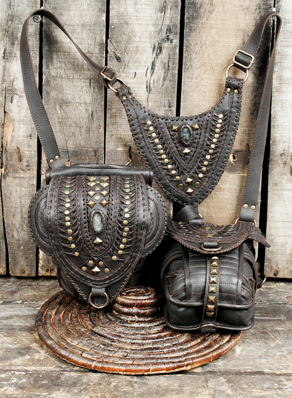 Steampunk brown leather double pouch bag set with decorative metal studs