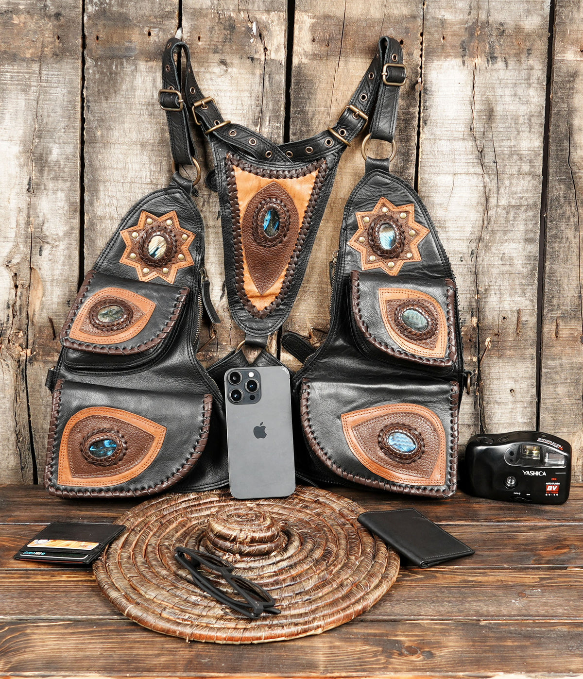 Unisex leather pocket harness for Burning Man and outdoor festivals