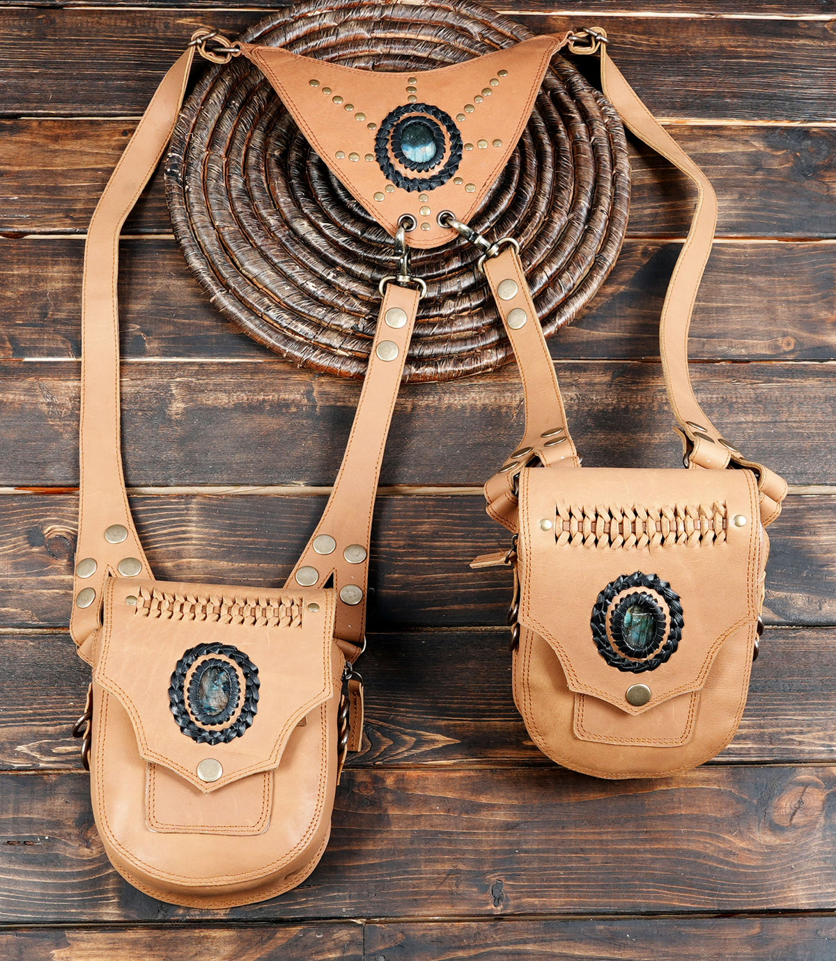 Tan Leather Double Hip Bag Harness with Natural Labradorite Stones