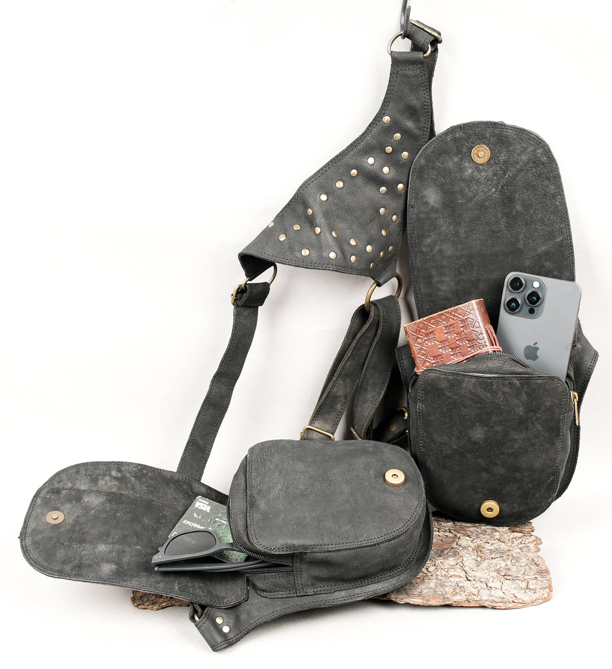 Steampunk studded leather chest rig with double pouches   