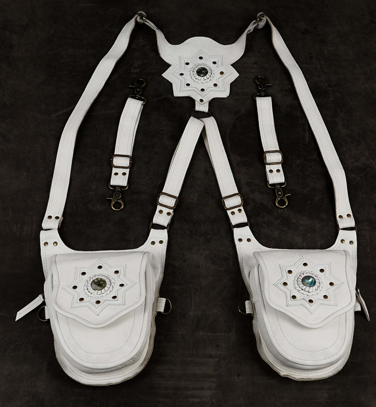 Angelic white leather harness with star gem medallions