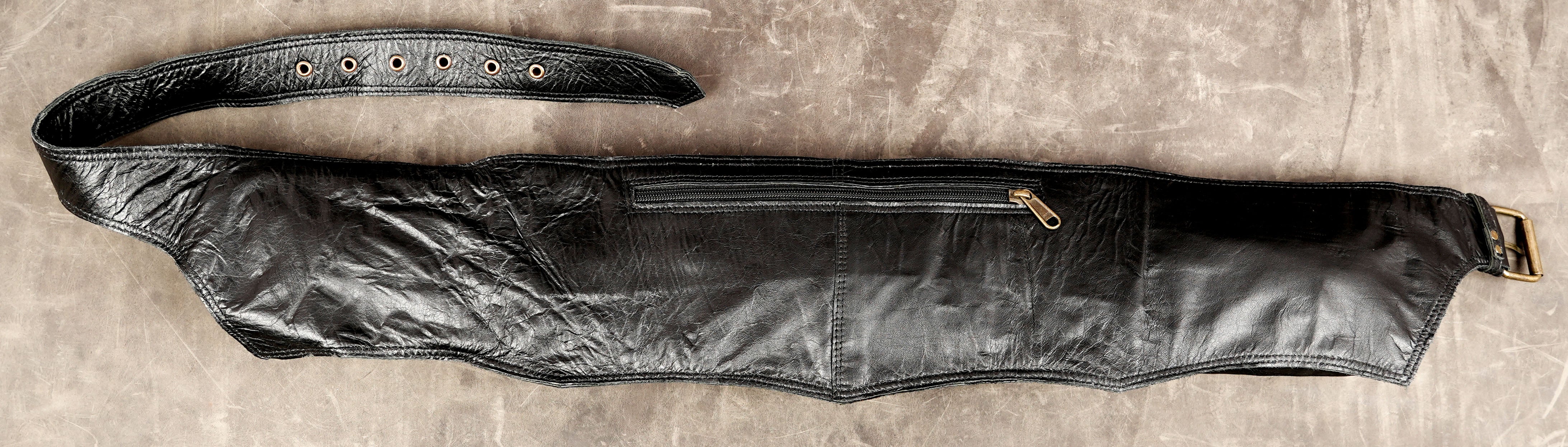 Antique brass and black leather utility pocket belt