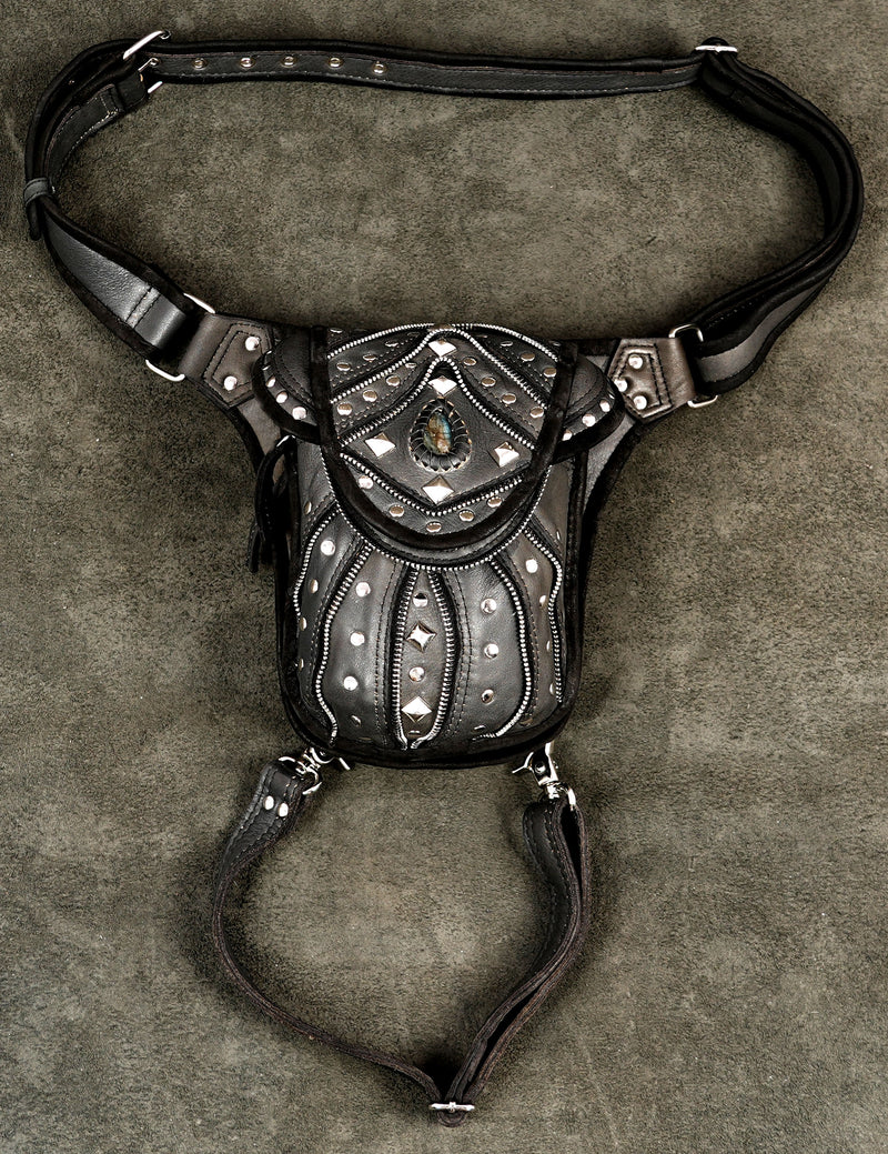 Armor plated leather leg bag with diamond stud rows