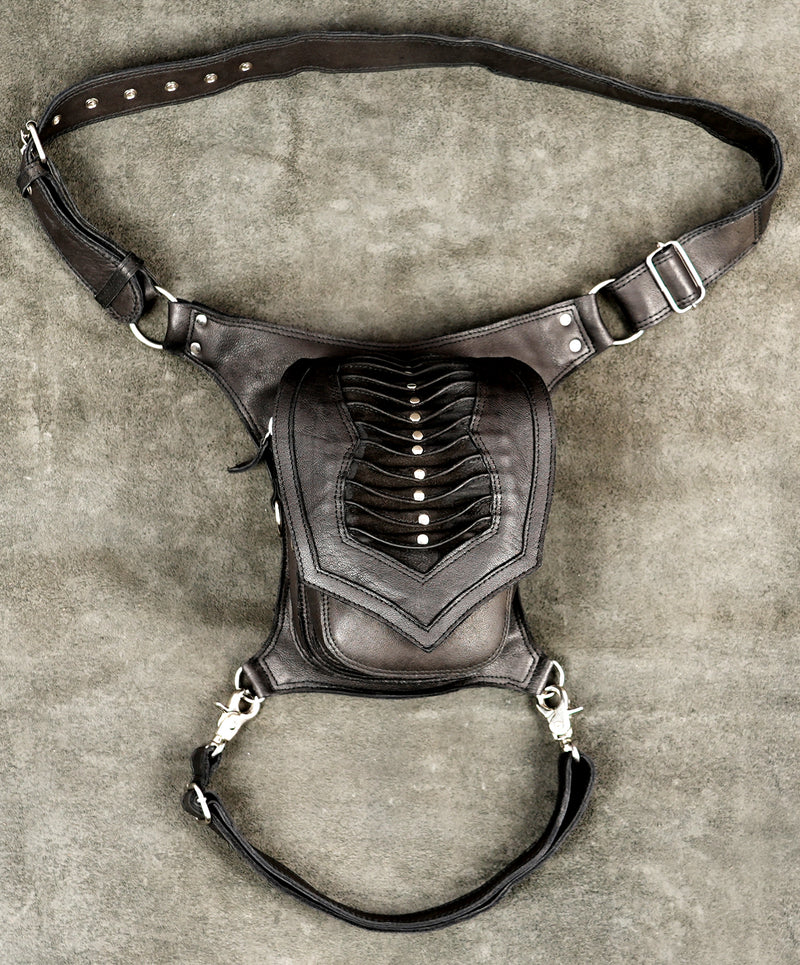 Armor plated leather leg bag with ribbed stud panel