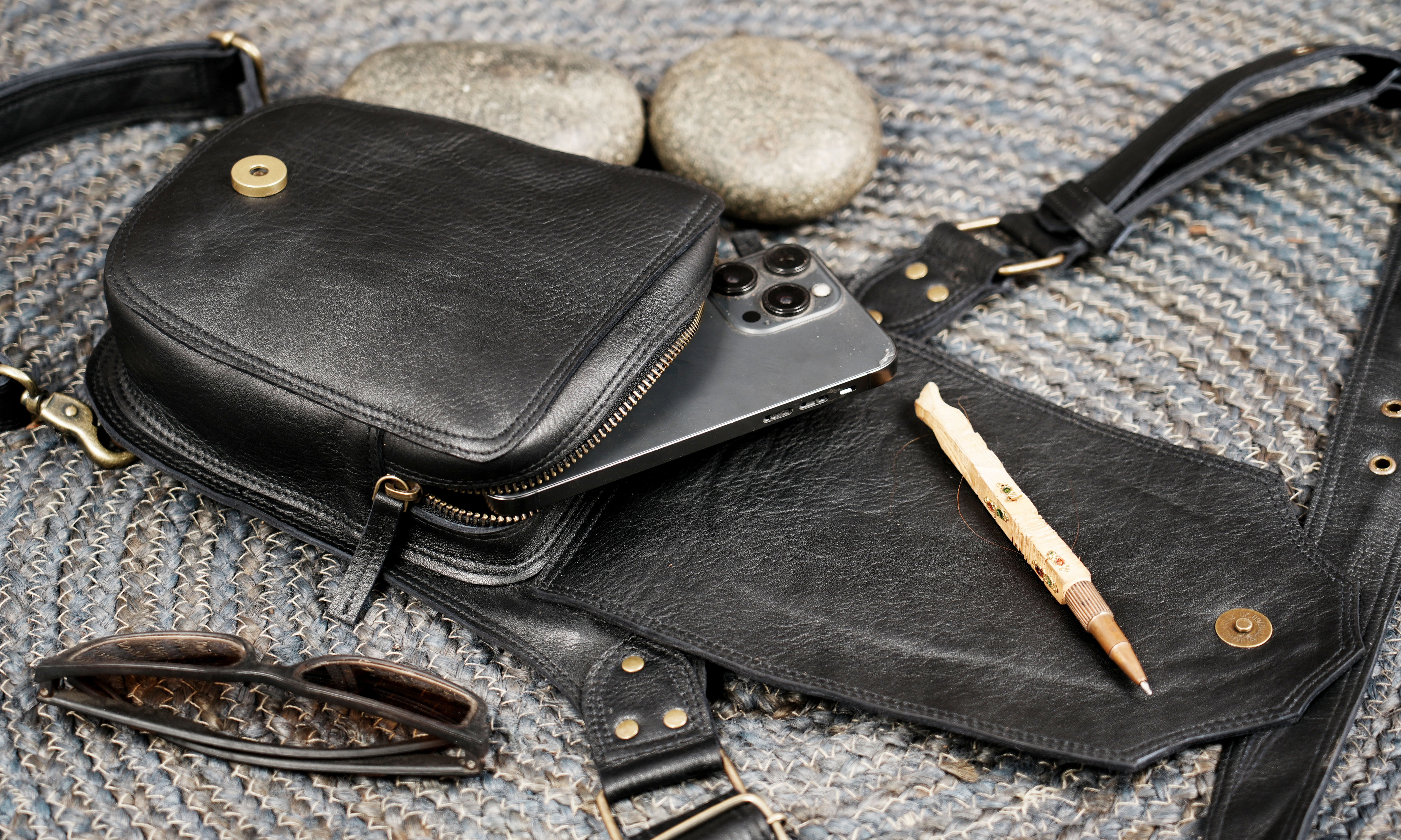 Artisan-made black leather thigh belt bag