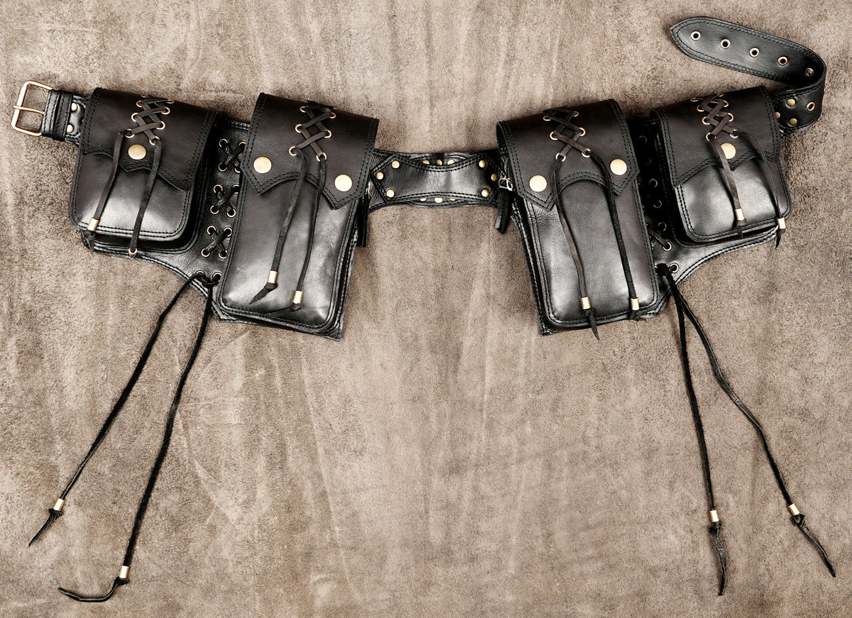 Steampunk black leather pocket belt with lace-up pouches and rivets