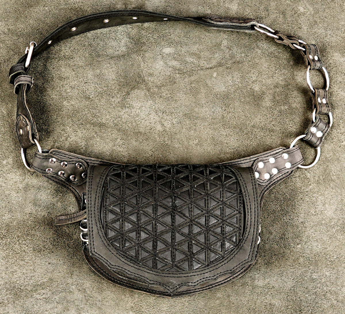Artisan leather pouch with silver chain strap detail