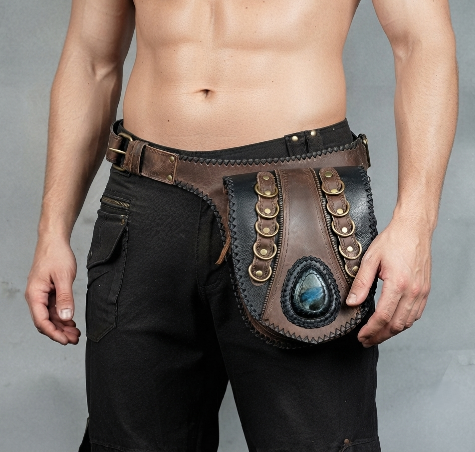 Artisanal leather utility belt with gemstone accent, perfect for festival-goers and explorers
