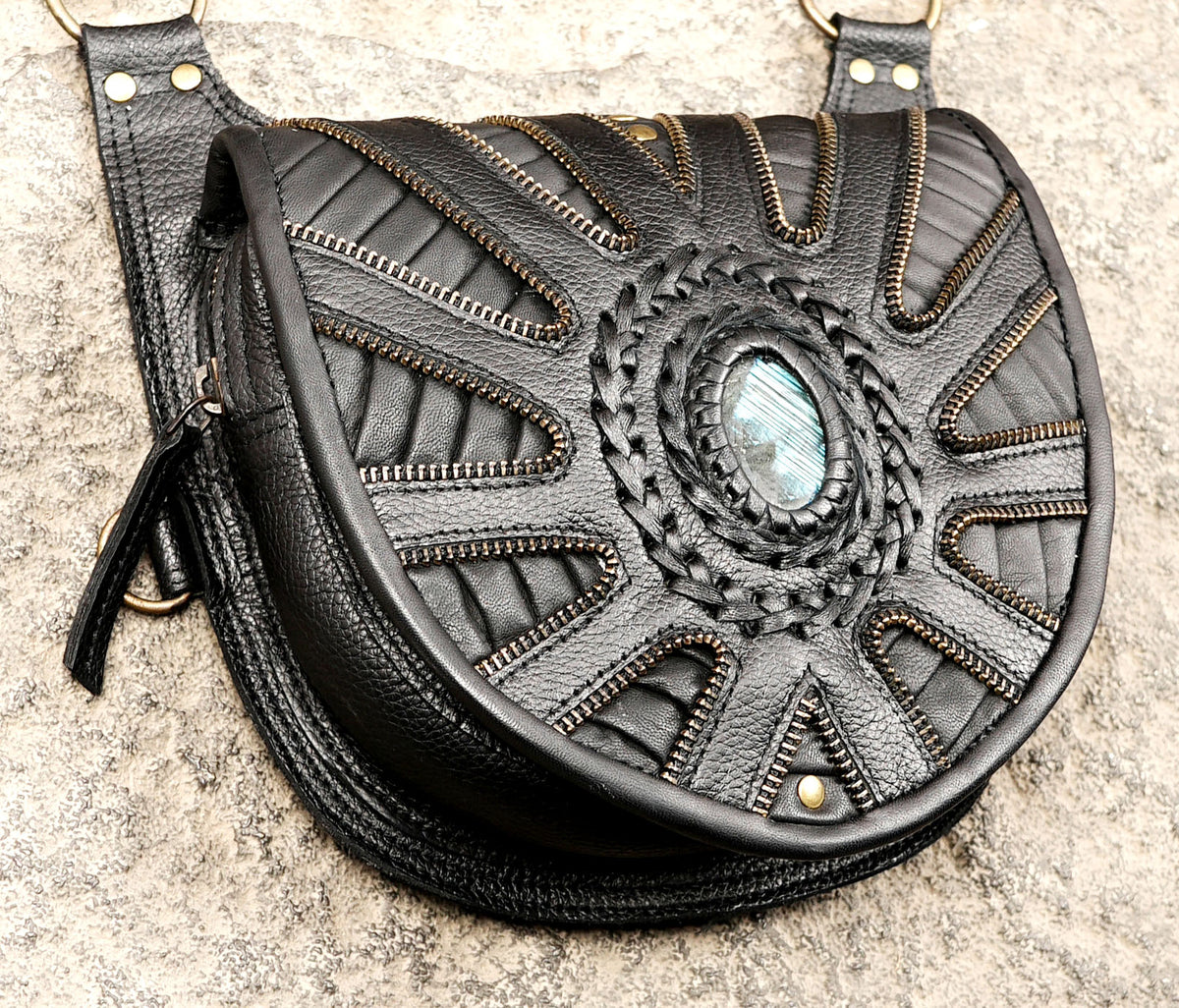 Unisex black leather double holster bag for music festivals and cosplay