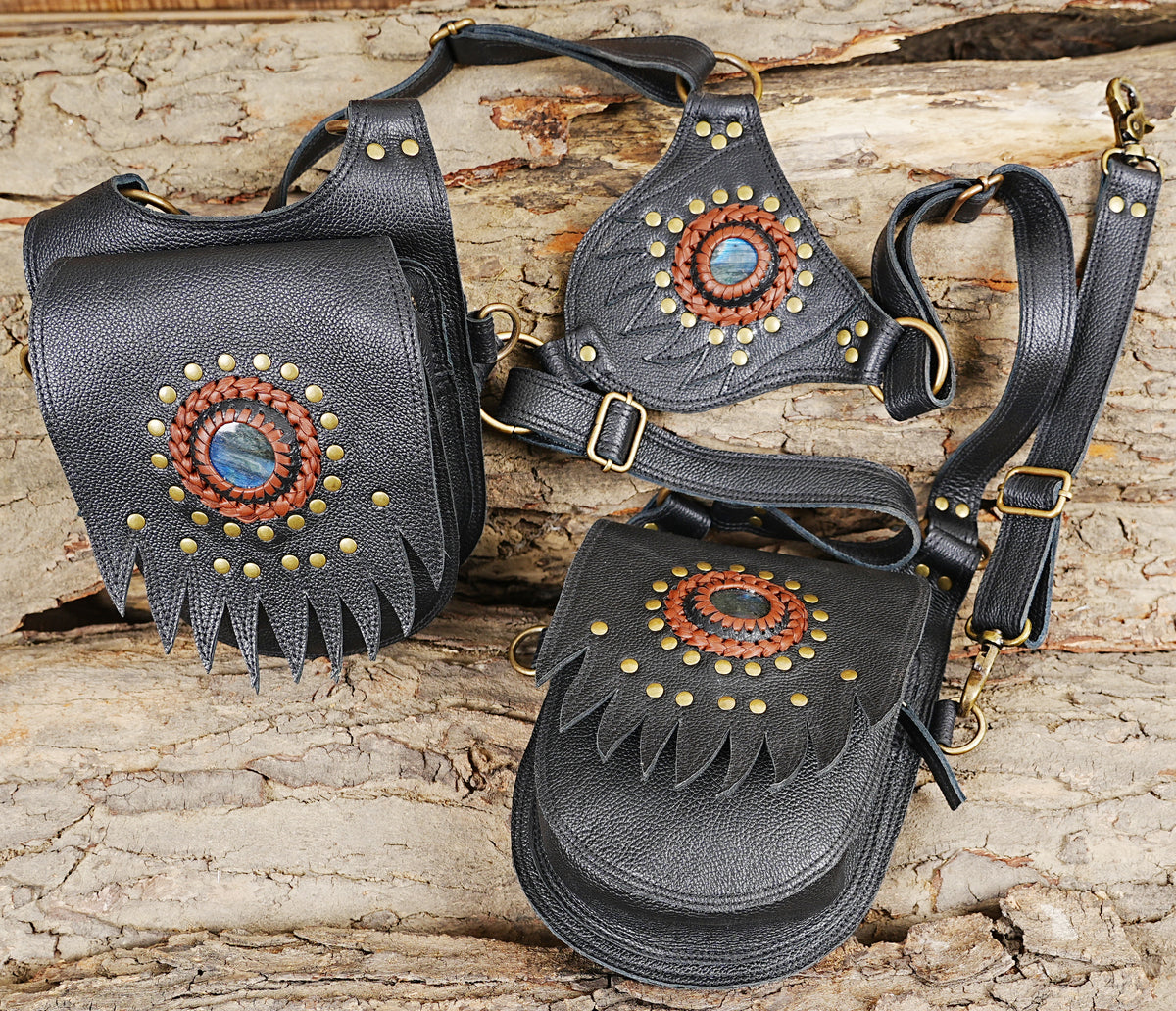 Unisex leather harness bag with two utility pouches and Natural Labradorite decoration