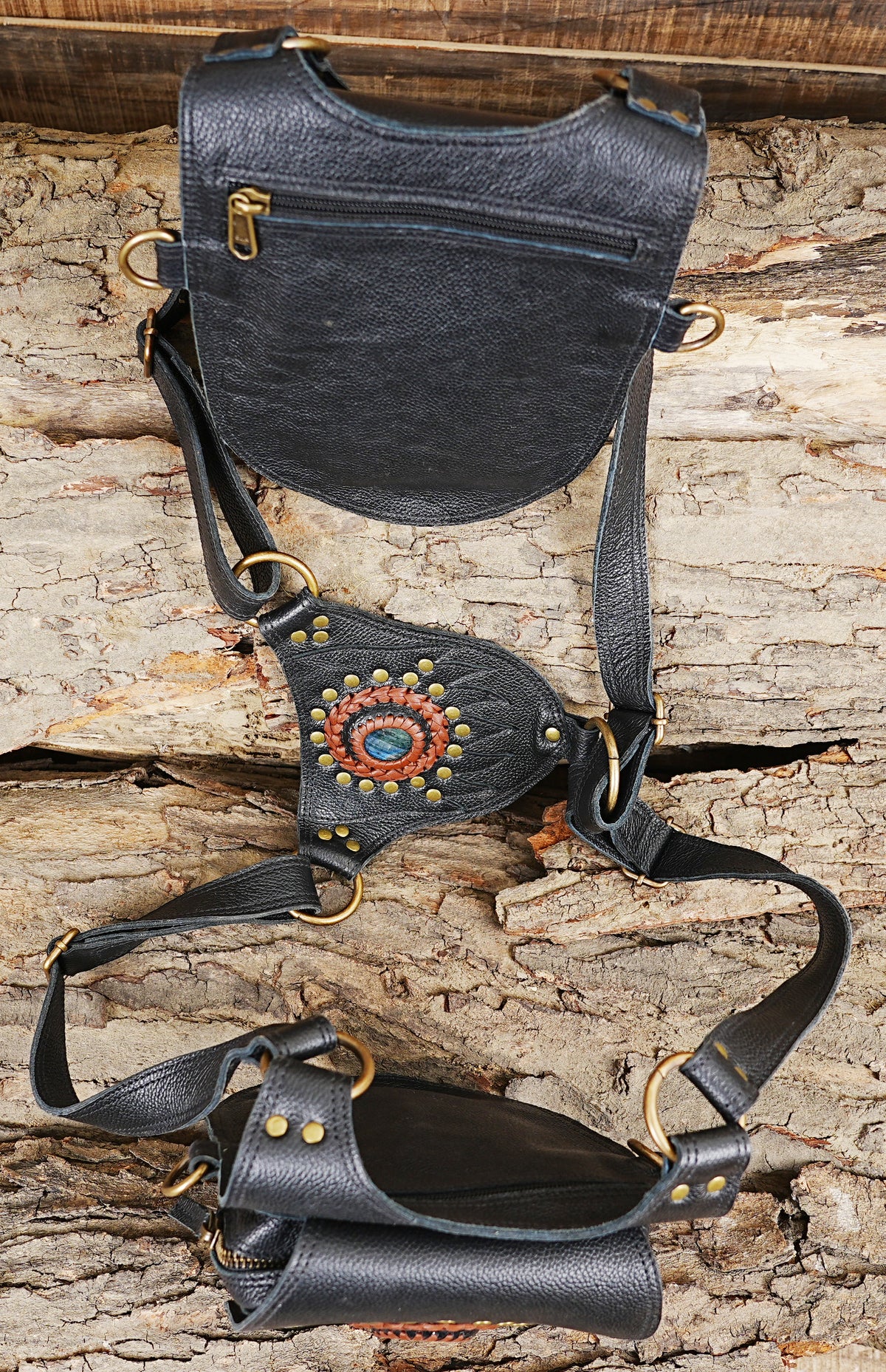 Black leather shoulder holster style bag with Natural Labradorite and utility pouches