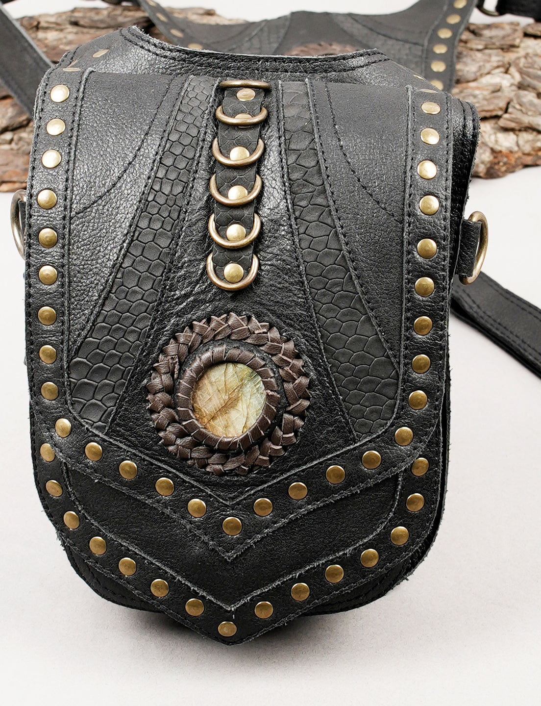 Black leather hip holster harness with decorative Natural Labradorite stones