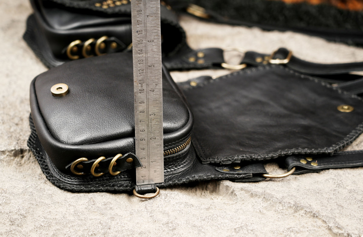 Black Leather Shoulder Holster Bag with Studded Dual Pouches