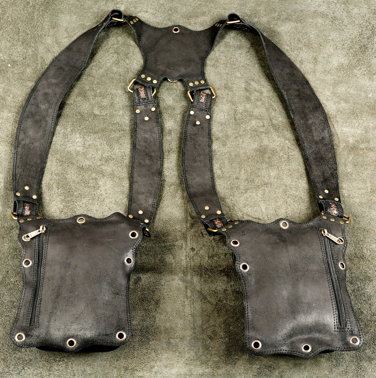 Black and brown leather utility harness bag for festivals cosplay and everyday wear