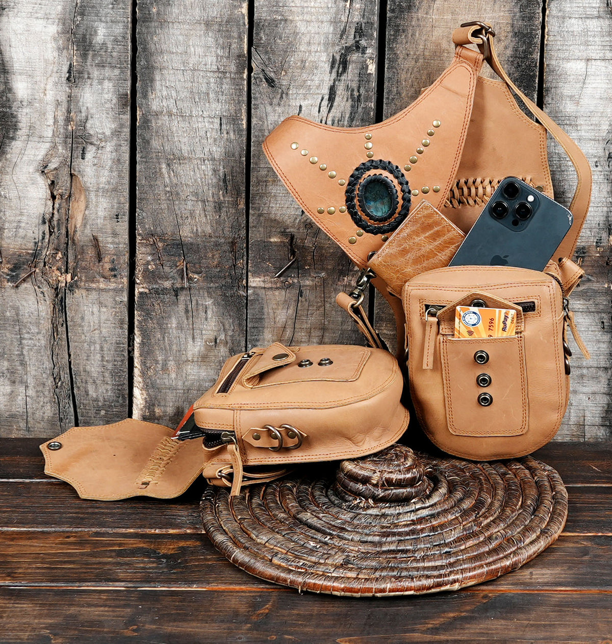 Tan Leather Double Hip Bag Harness with Natural Labradorite Stones