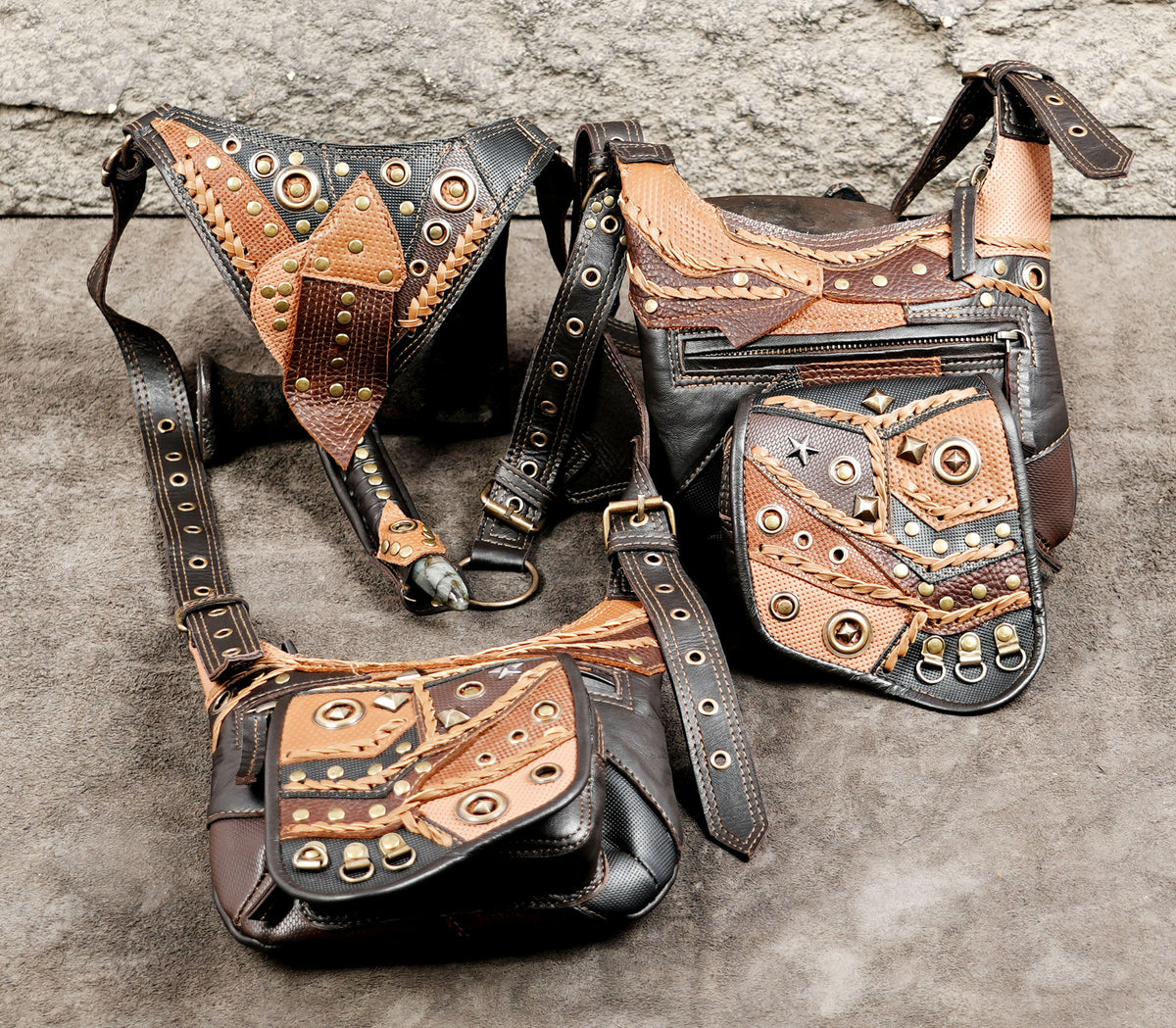 Patchwork leather pocket harness in brown, tan and black with brass hardware