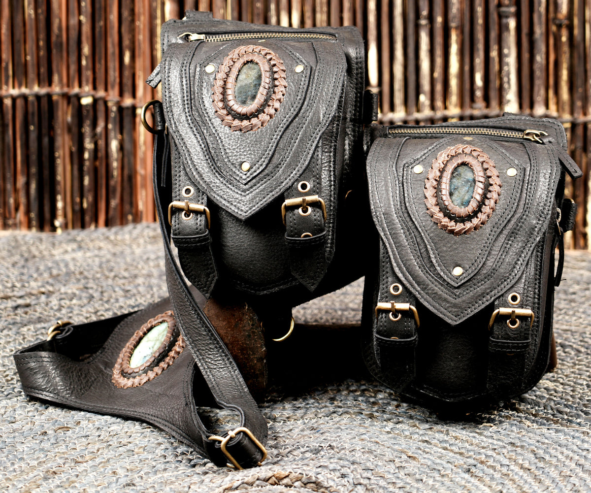 Black Leather Shoulder Bag Rig with Antique Brass Hardware and Gemstone Details