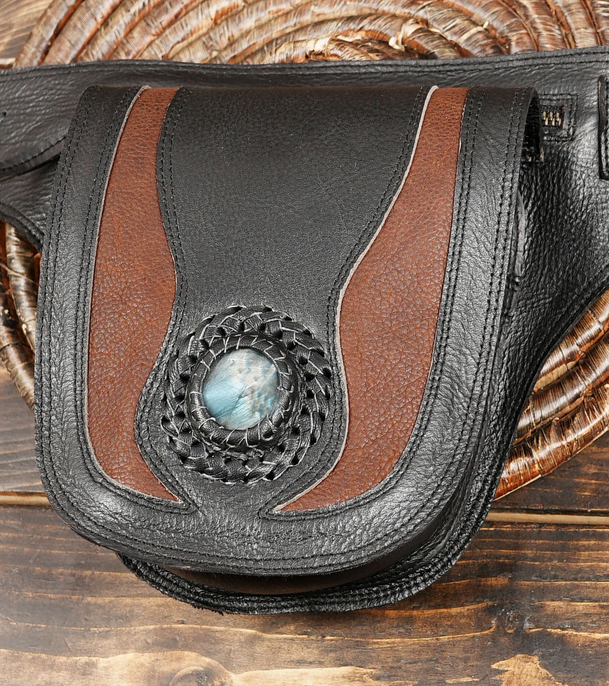 Black genuine leather fanny pack with contrast brown leather flap and stone embellishment
