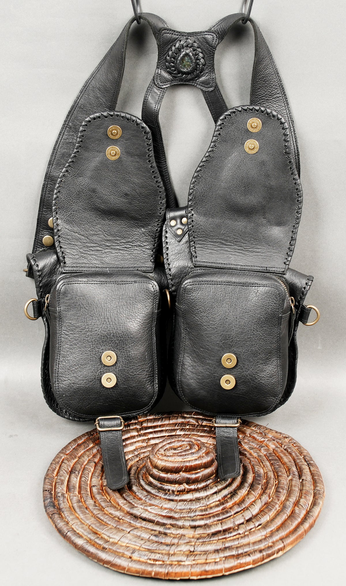 Black leather double pocket harness with stone embellished flaps and metal buckles