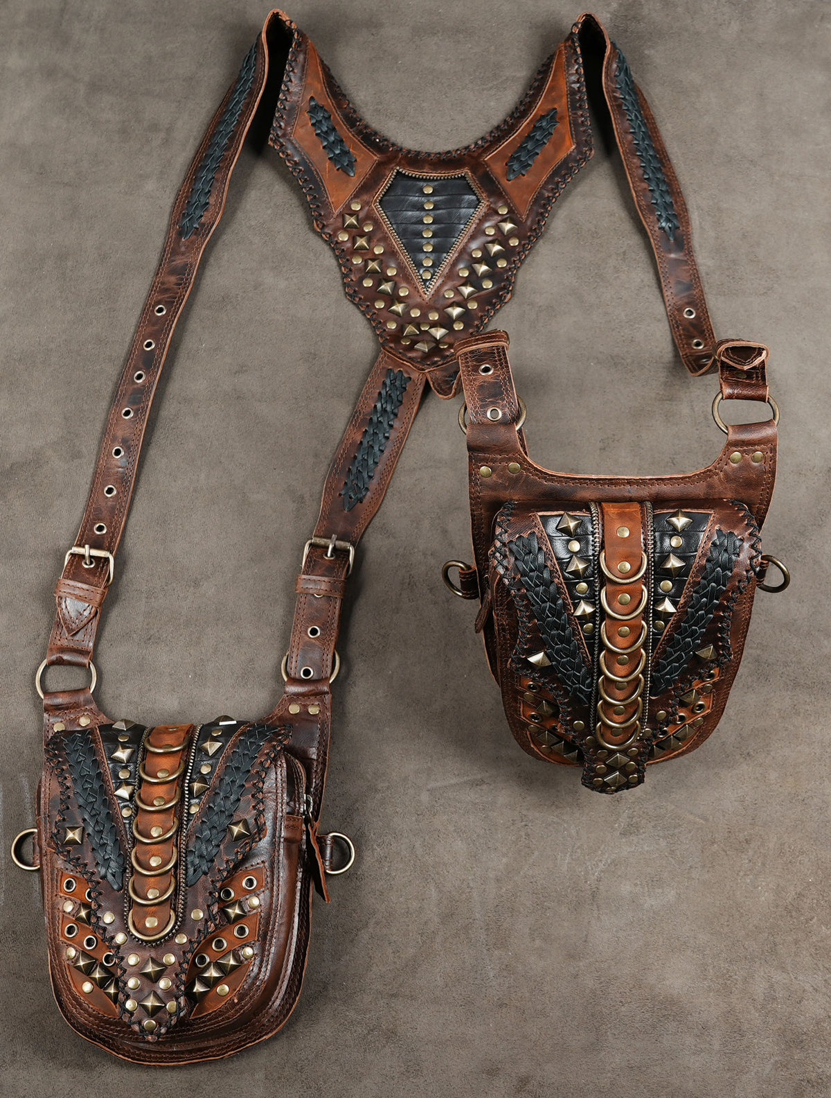 Unisex steampunk leather harness with twin front bags and adjustable buckled straps