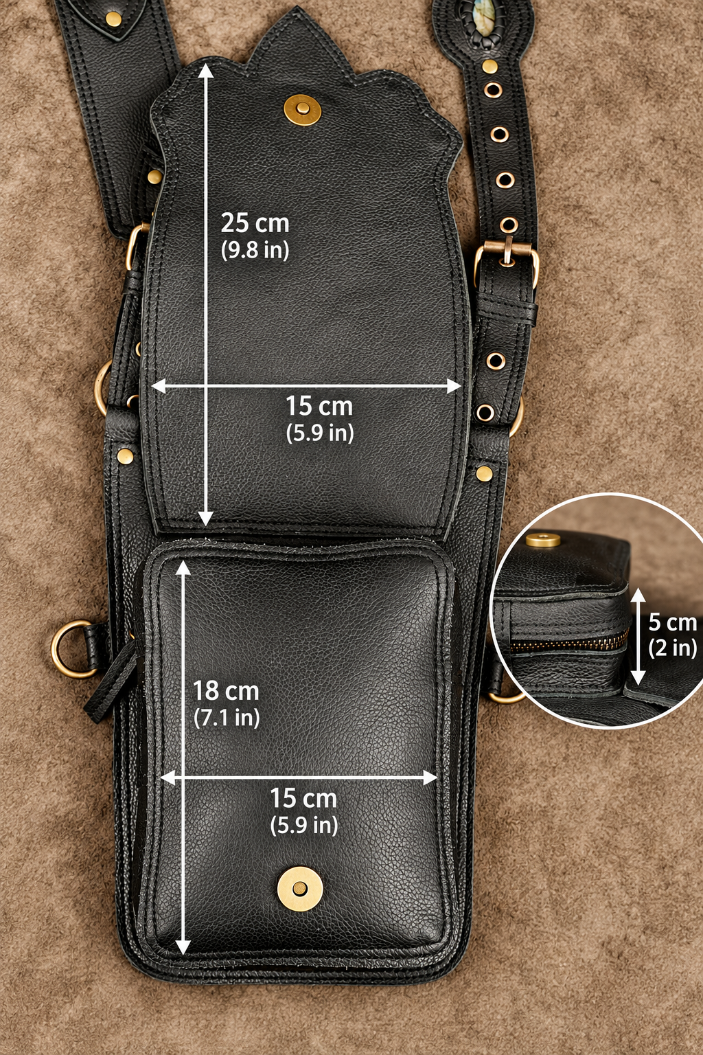 Unisex Black Leather Double Pouch Harness Bag with Gemstone Details and Brass Studs