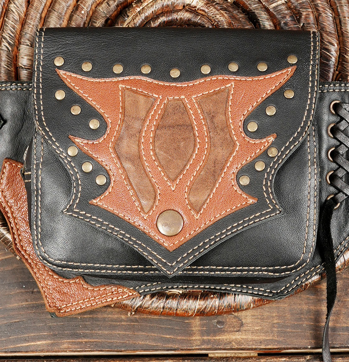 Black and brown leather festival belt bag with antique brass hardware