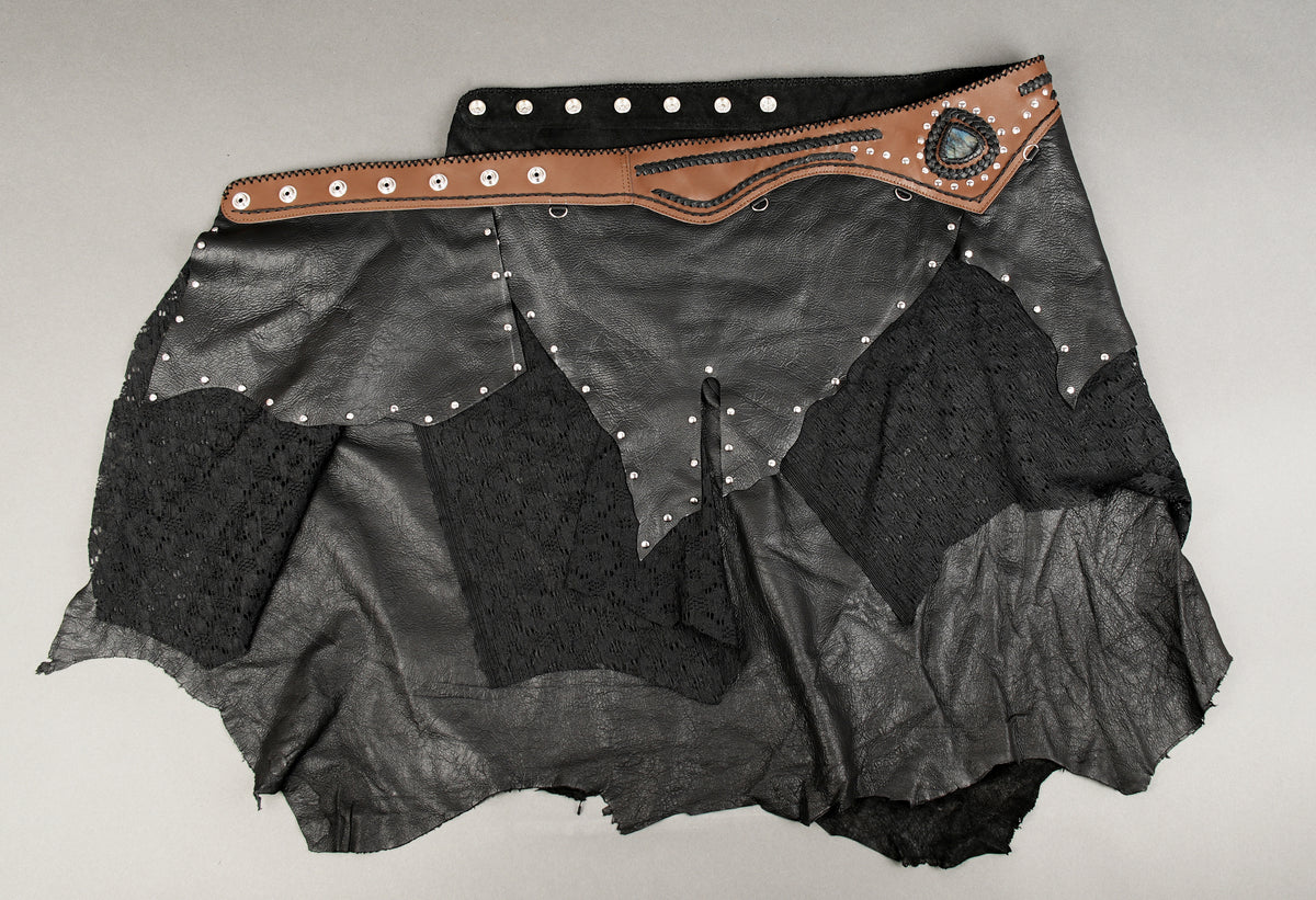 Black and brown leather skirt with a teardrop labradorite centerpiece