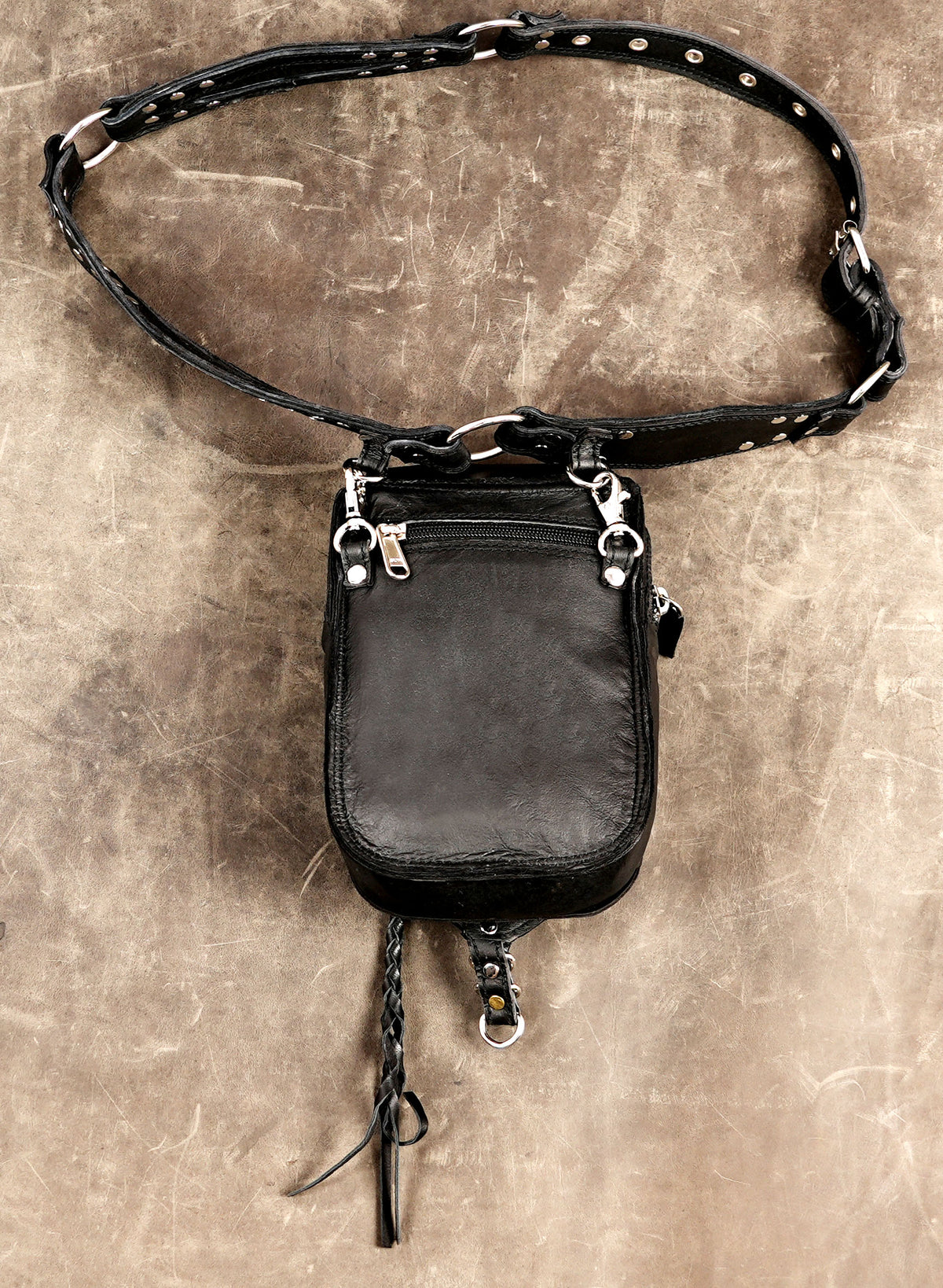 Black biker waist bag with nickel silver metalwork