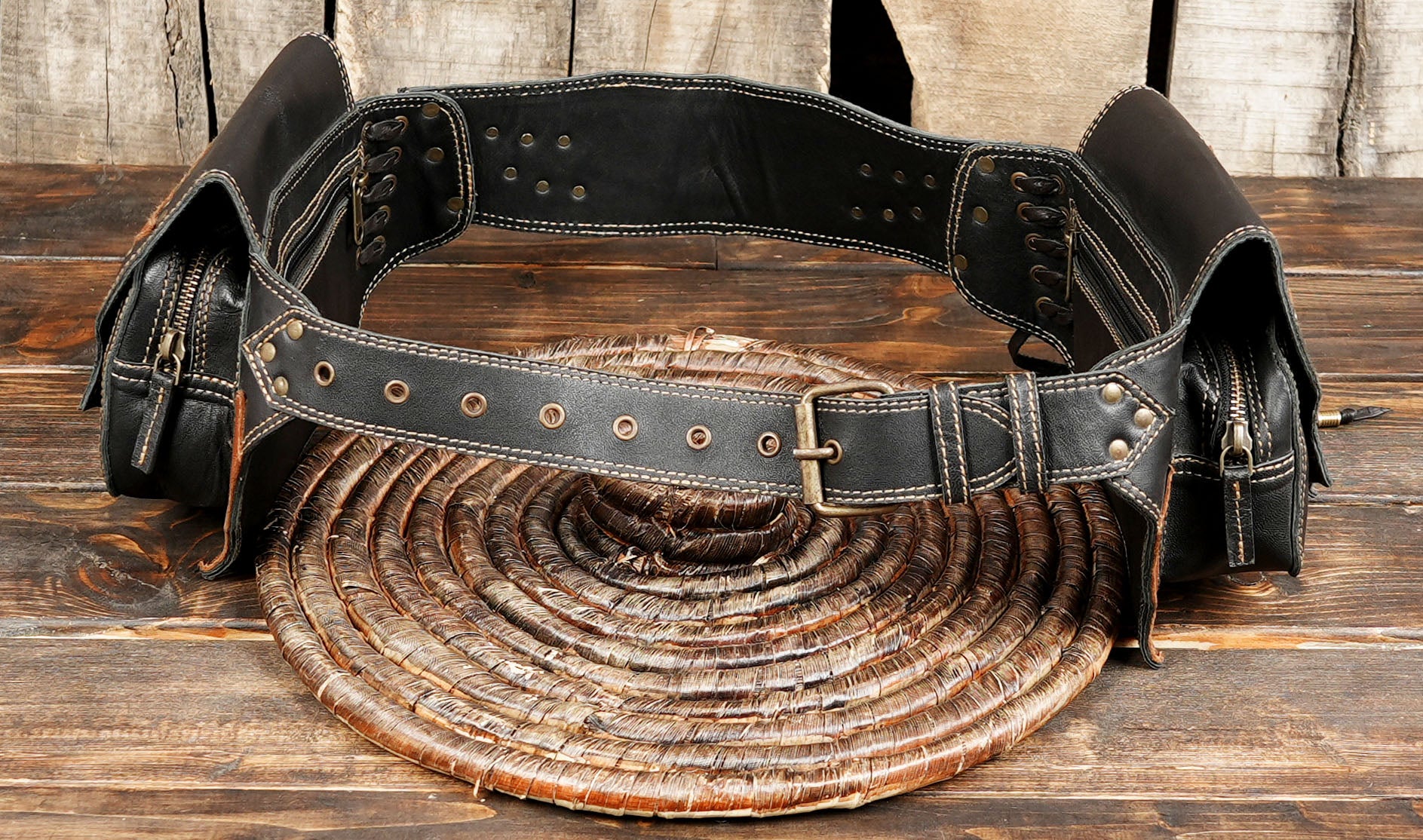 Black brown and grey leather fanny pack with detailed stitching