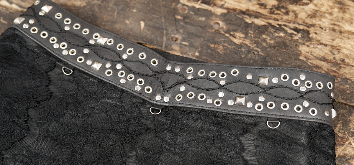 Black festival skirt with leather panels and flowing lace hem