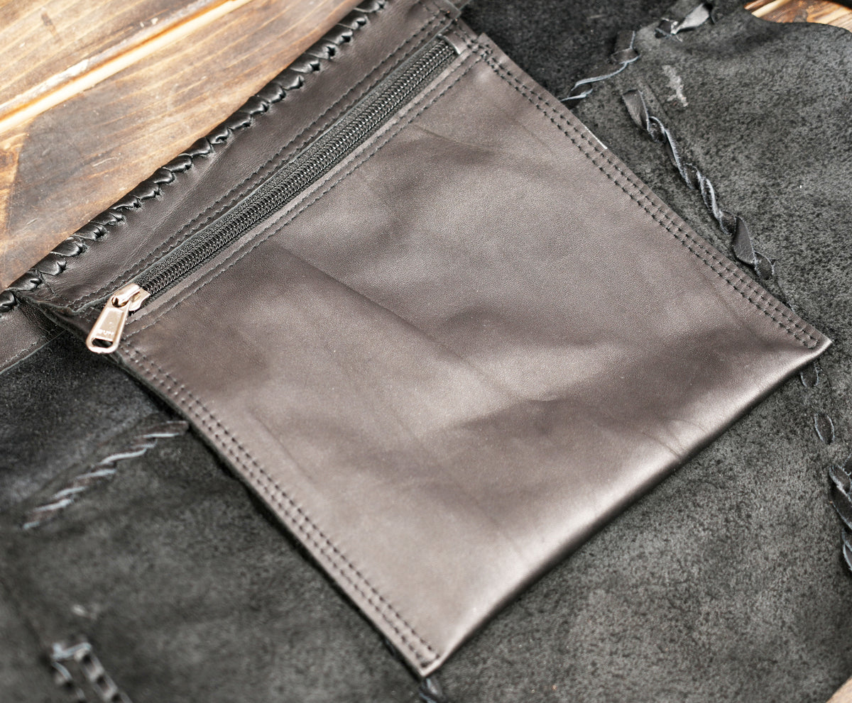 Black leather apron belt with decorative labradorite stone