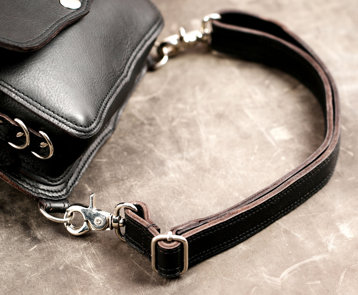 Black leather biker waist bag with secure thigh strap