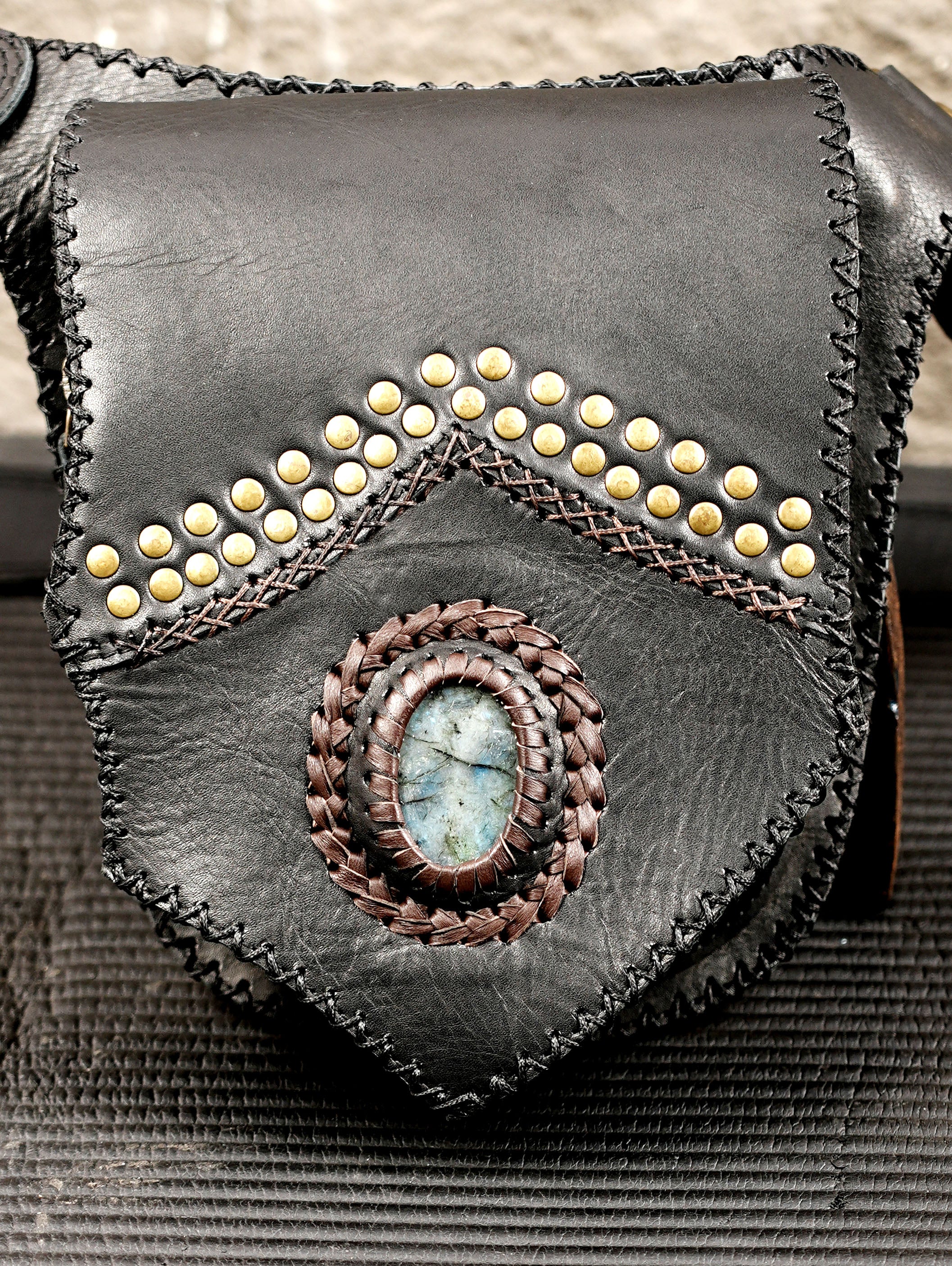 Black leather festival belt bag with antique brass studs