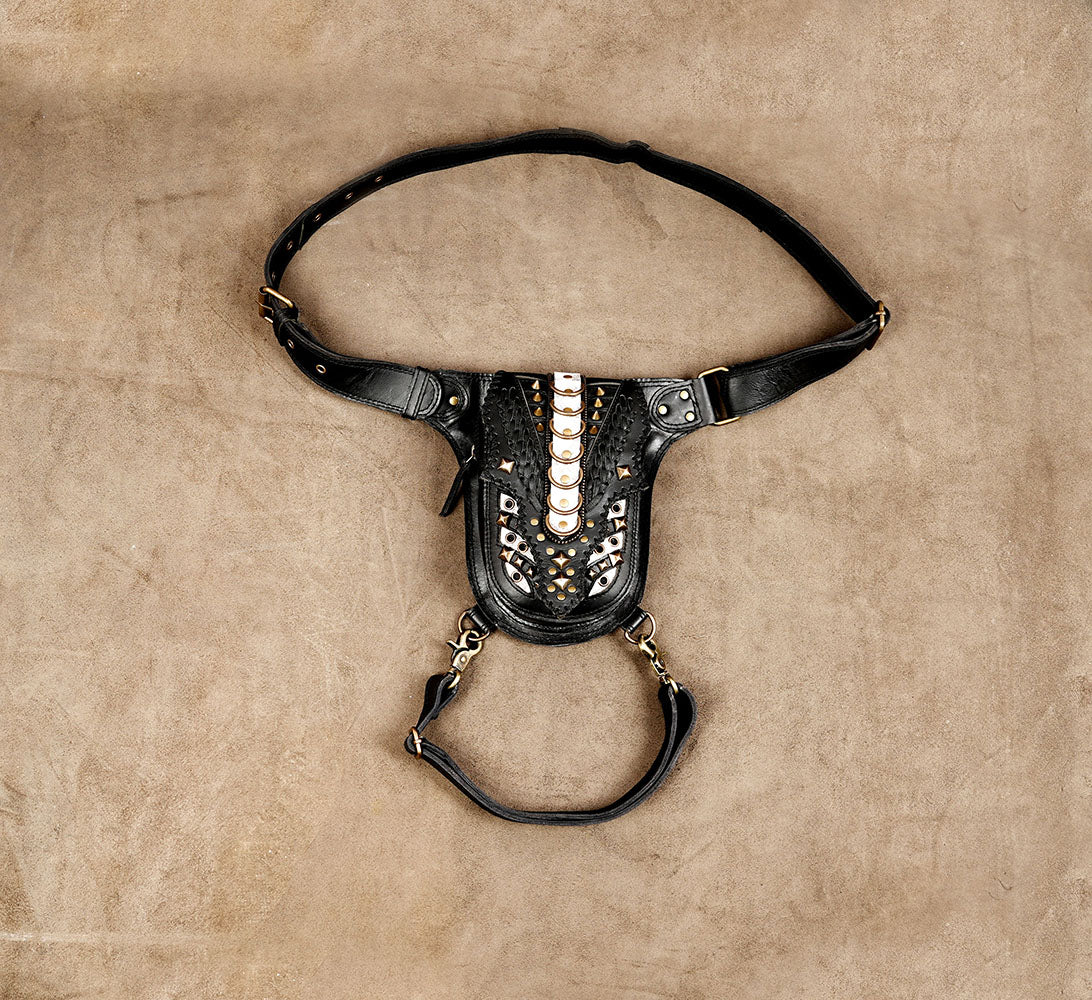 Black leather festival belt bag with antique brass studs