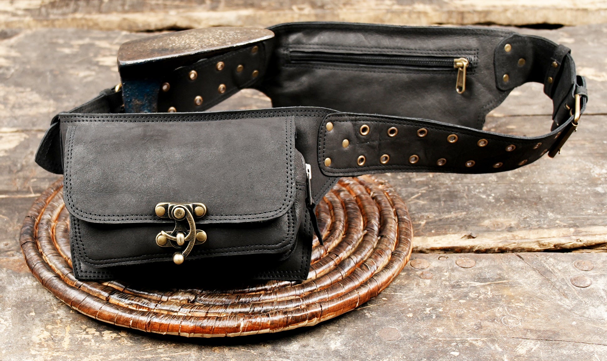 Black leather festival belt with two pouches and metal clasps