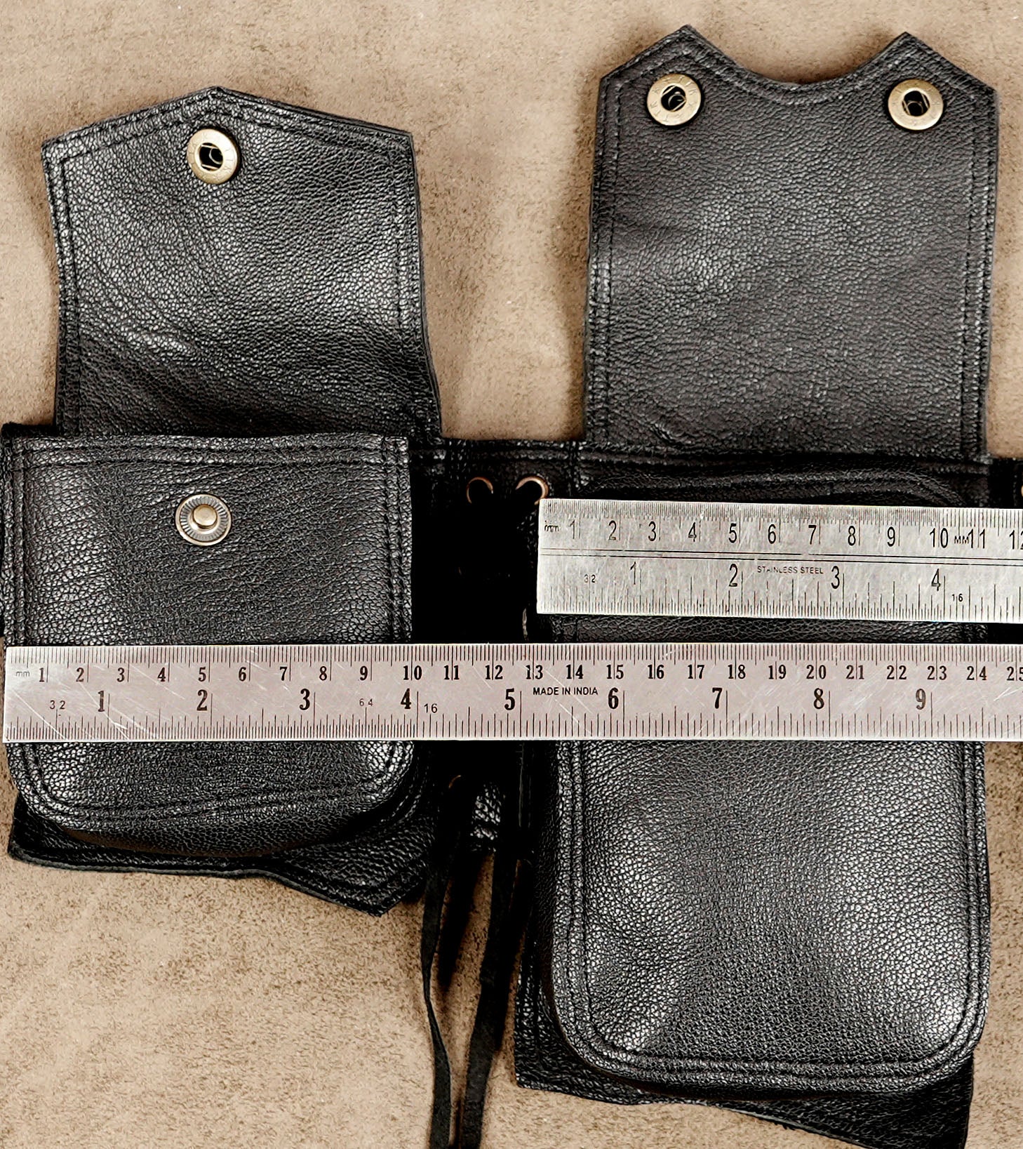 Black leather festival belt with zip pocket and snap flaps